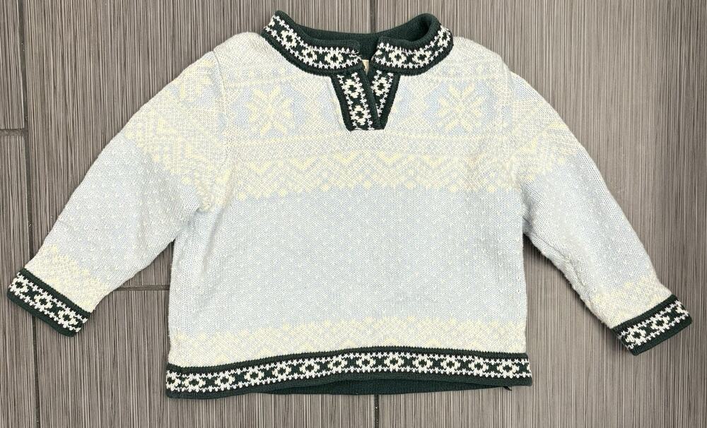 Vintage LL Bean Fair Isle Snowflake V-Neck Sweater Size 3T Blue/White/Green